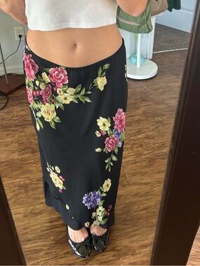 Black Floral Maxi Skirt with Pink, Yellow & Purple Blooms